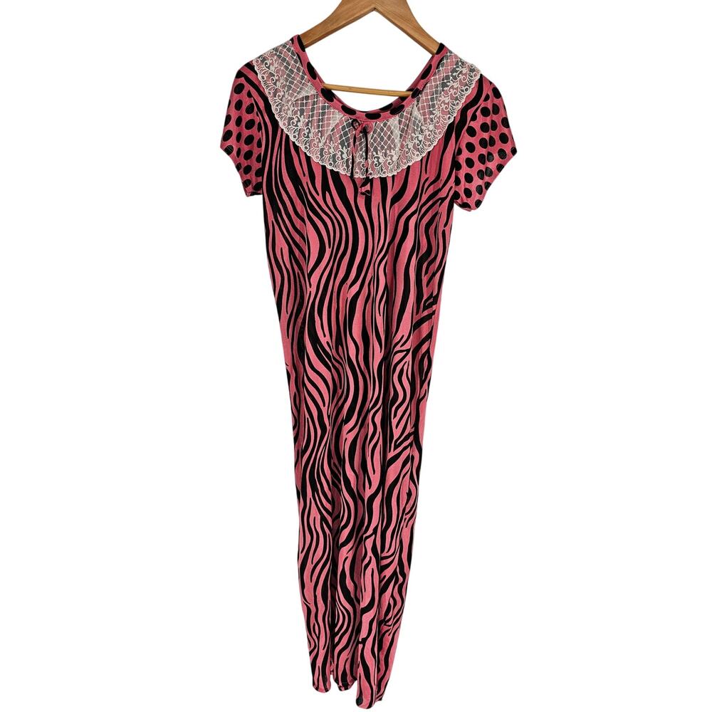 Vtg 1990s Womens Sz L Maxi Length Satin Robe Pink Black Zebra Print Cottagecore